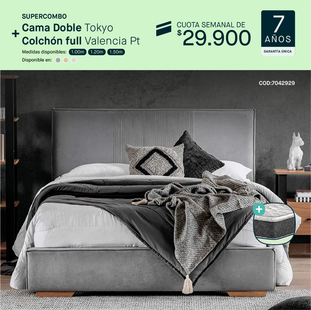 Cama doble Tokyo + Colchón doble Valencia por cuota semanal de $29.900