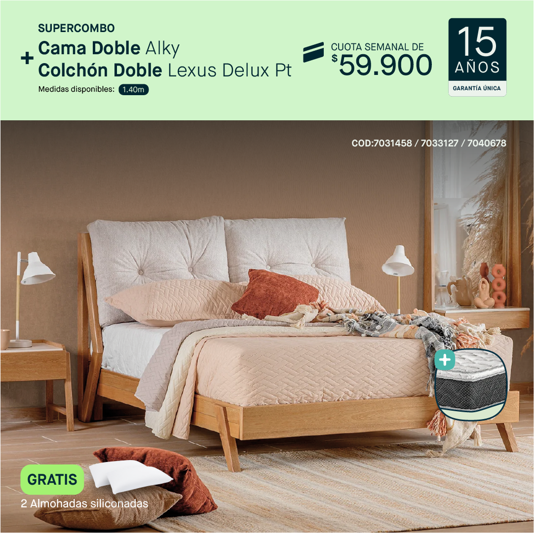 Cama doble Alky + Colchón doble Lexus por cuota semanal de $59.900