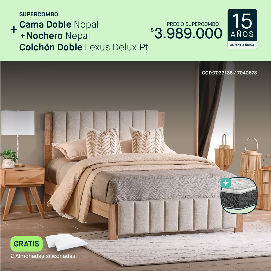 Cama doble Nepal + Nochero + Colchón lexus por $3.989.000