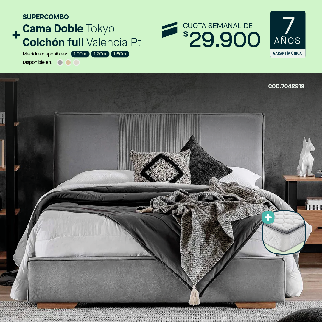 Cama doble Tokyo + Colchón doble Valencia por  cuota semanal de $29.900