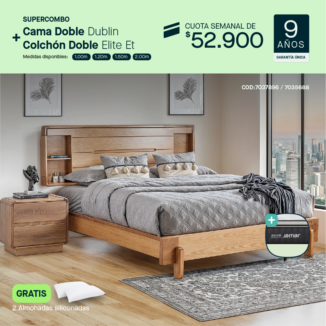 Cama doble Dublín + Colchón doble Elite por cuota semanal de $52.900