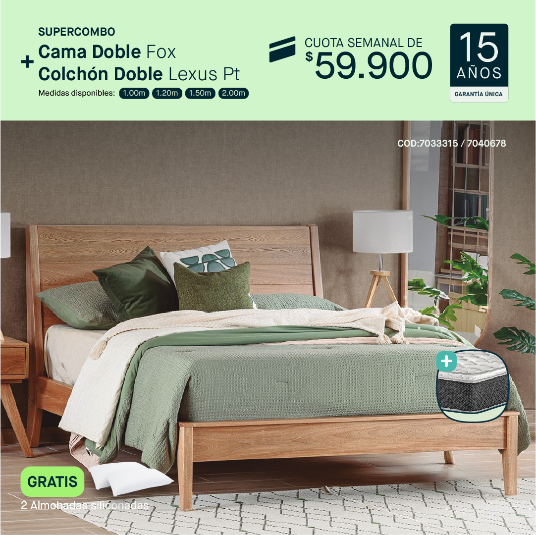 Cama doble Fox + Colchón doble Lexus por cuota semanal de $59.900