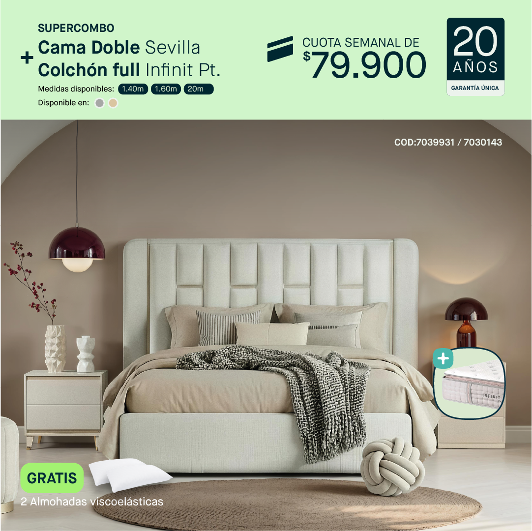 Cama doble Sevilla + Colchón doble Infinit por cuota semanal de $79.900