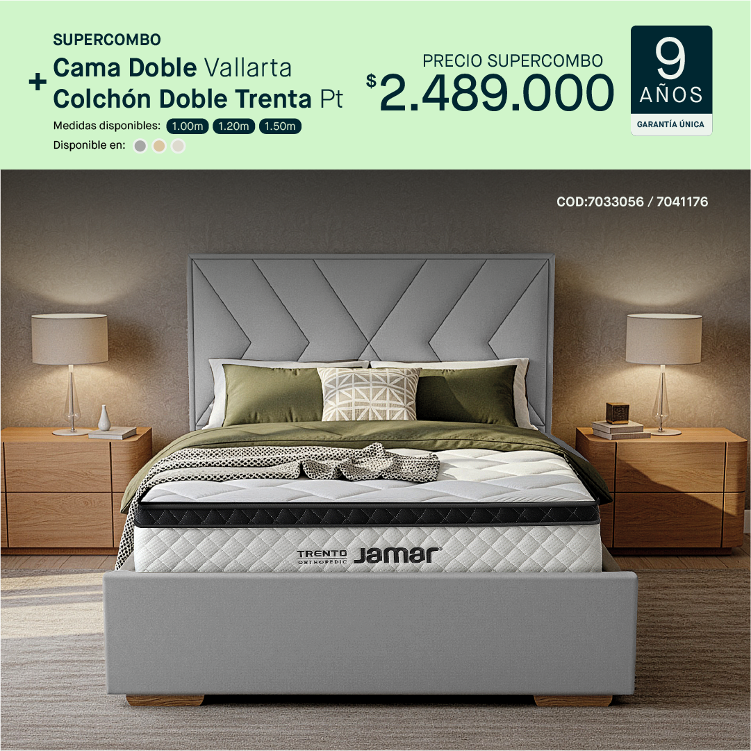 Cama doble Vallarta + Colchón doble Trenta por $2.489.000