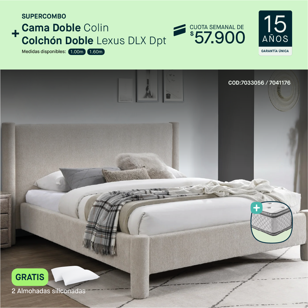 Cama doble Colin + Colchón doble Lexus por cuota semanal de $57.900