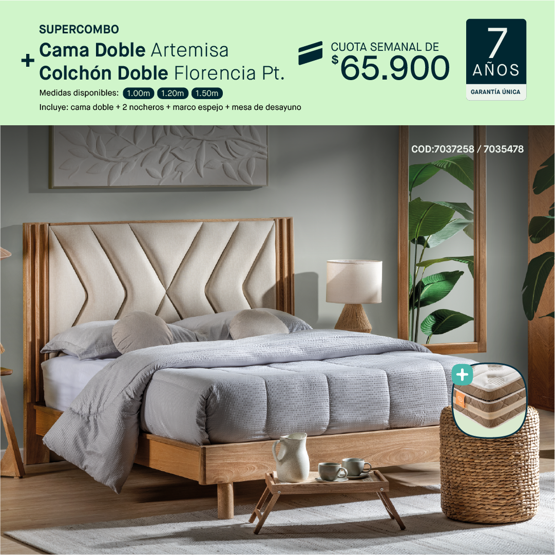 Cama doble Artemisa + Colchón doble Florencia por cuota semanal de $65.900