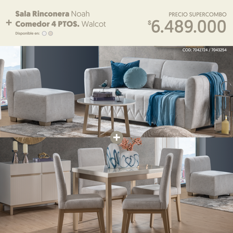 Sala Noah + Comedor 4 puestos Walcot por $6.489.000