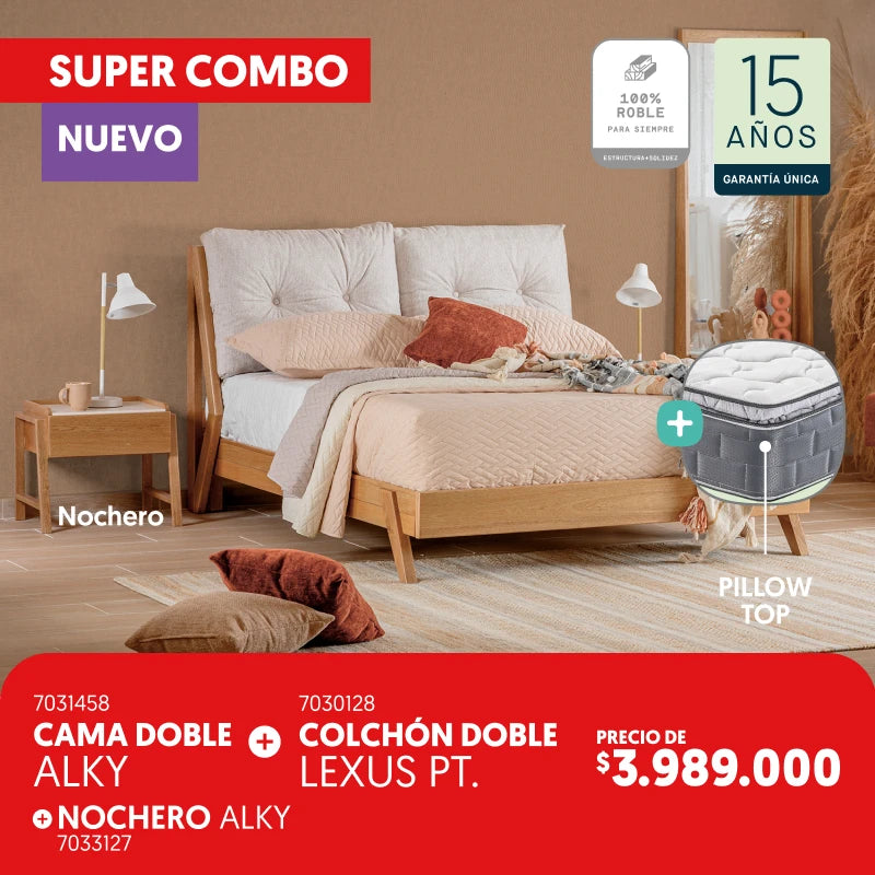 Cama doble Alky + Colchón doble Lexus + nochero Alky por $3.989.000