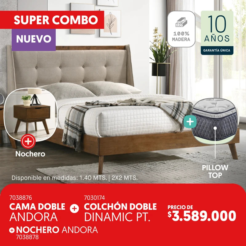 Cama doble Andora + Colchón doble Dinamic + nochero Andora por $3.589.000