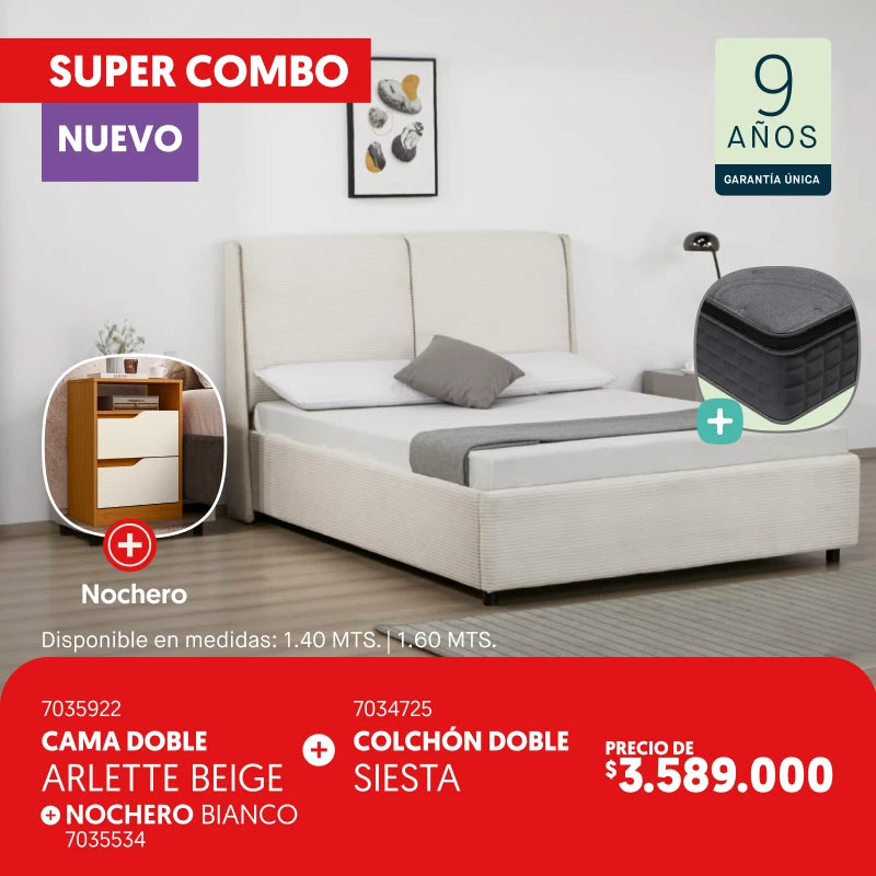 Cama doble Arlette Beige + Colchón Siesta + nochero blanco por $3.589.000