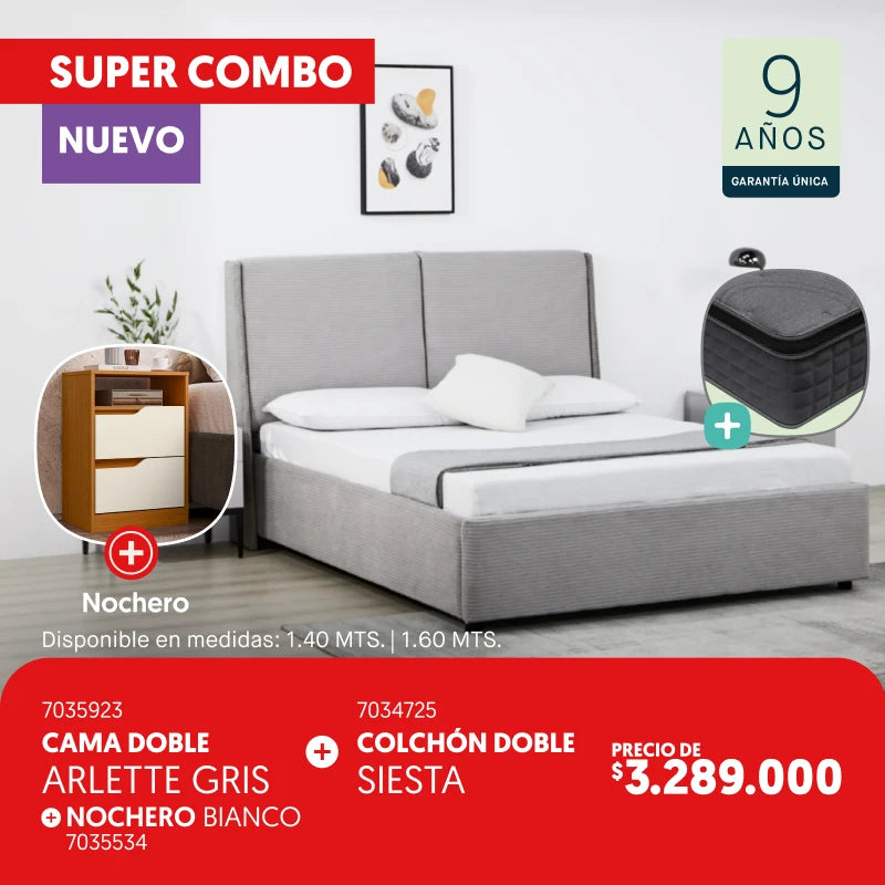 Cama doble Arlette Gris + Colchón Siesta + nochero blanco por $3.289.000