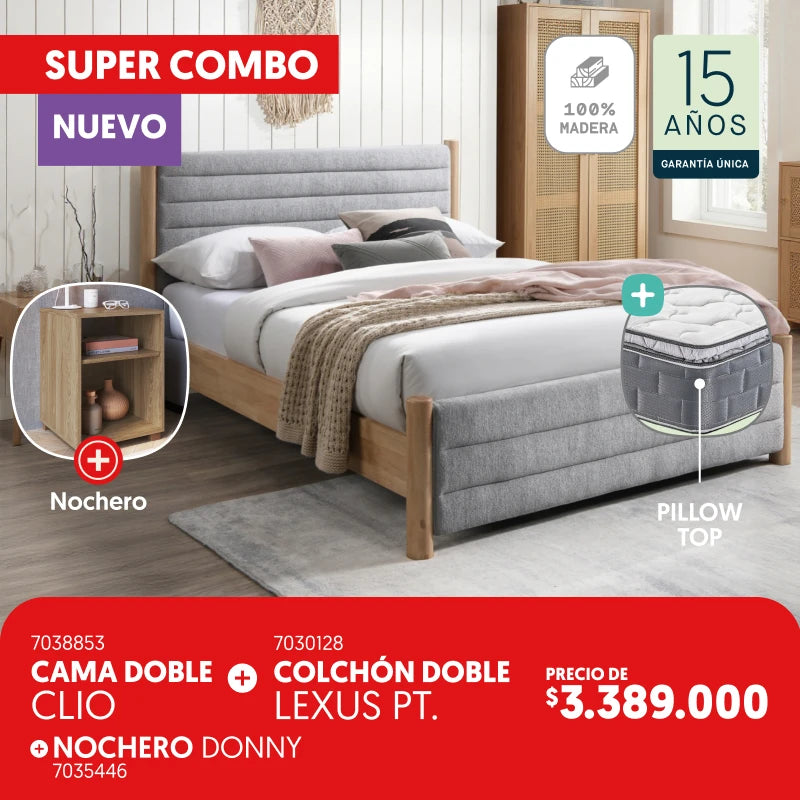 Cama doble Clio + Colchón doble Lexus + Nochero Donny por $3.389.000