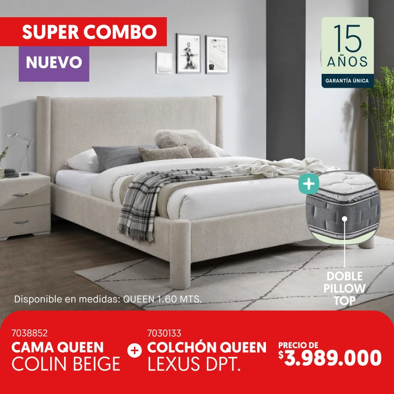 Cama doble Colin beige + Colchón Lexus por 3.989.000