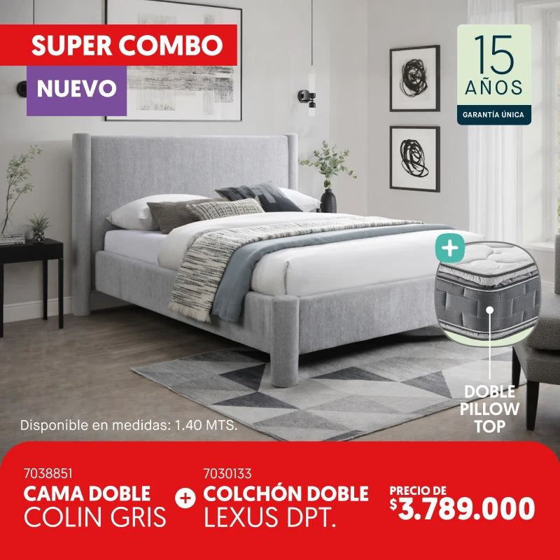 Cama doble Colin gris + Colchón Lexus por $3.789.000