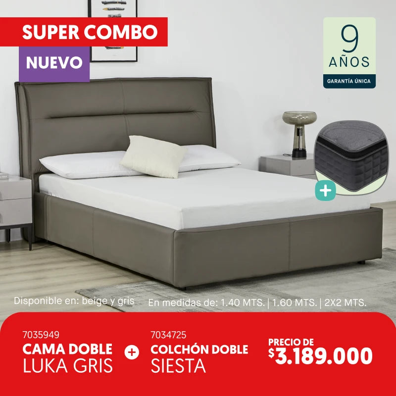Cama doble Luka gris + Colchón doble Siesta por $3.189.000