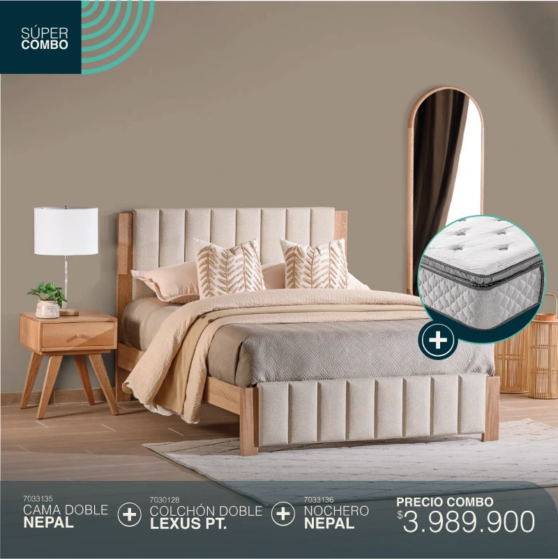 Colchón Lexus + Cama doble Nepal + Nochero Nepal por $3.989.900