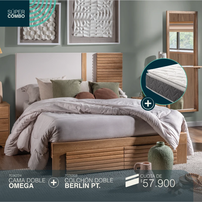 Cama doble Omega + Colchón doble berlin por cuotas de $57.900