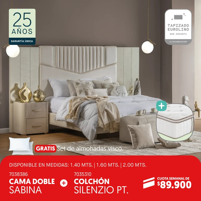 Cama doble Sabina + Colchón Silenzio por cuota semanal de $89.900