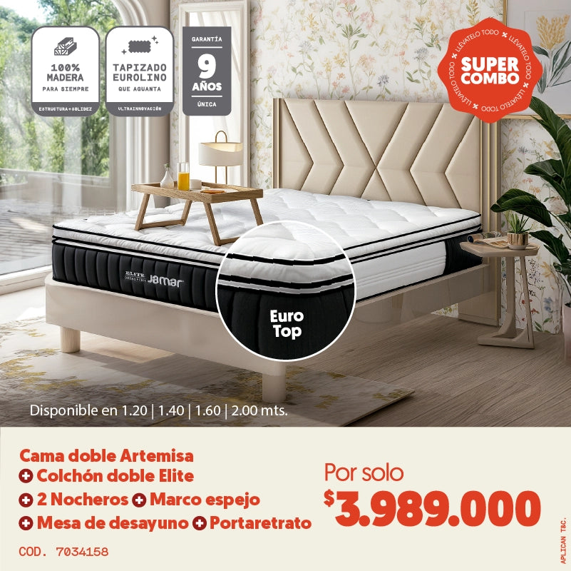 Cama doble Artemisa + Colchón doble Elite + 2 nocheros por solo $3.989.000