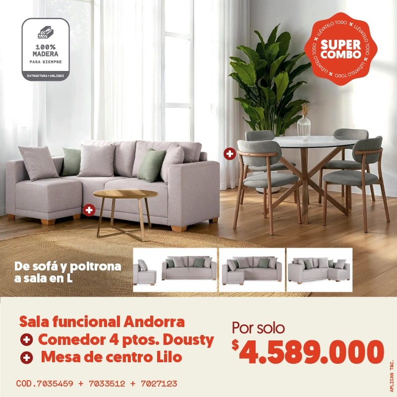 Sala funcional Andora + Comedor 4 puestos Dousty + mesa de centro por solo $4.589.000