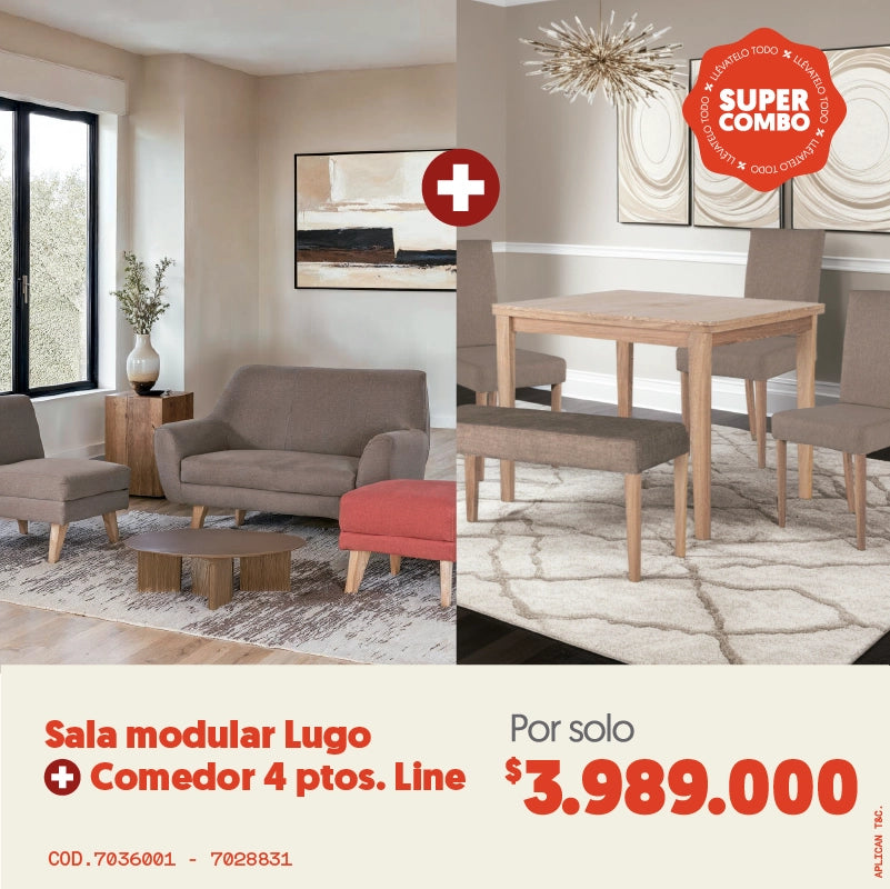 Sala modular lugo + Comedor 4 ptos line por 3.989.000