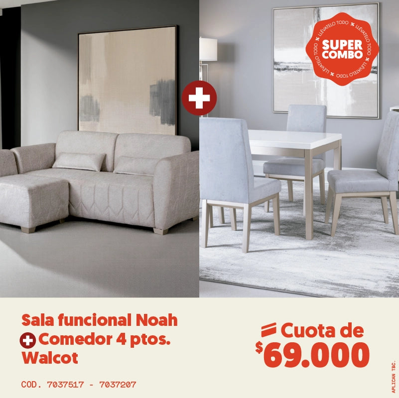 Sala funcional noah + Comedor 4 puestos walcot cuota de $69.000