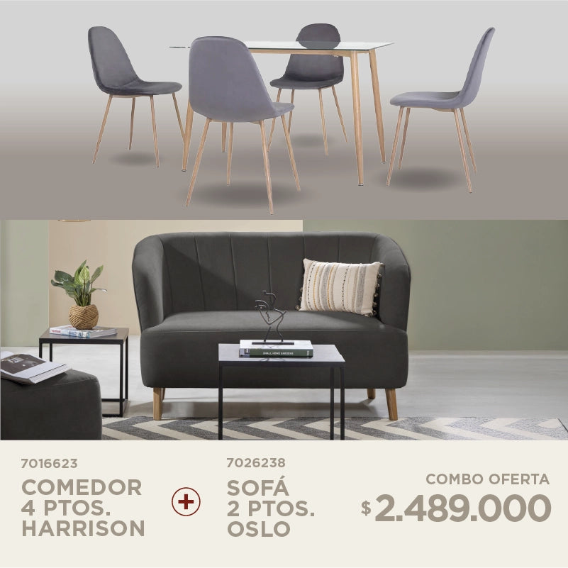 Comedor 4 puestos Harrison + Sofá Oslo por solo $2.489.000