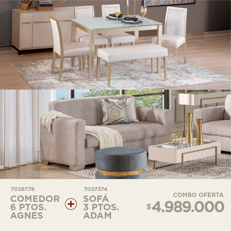 Comedor 6 puestos Agnes + Sofá Adam por solo $4.989.000