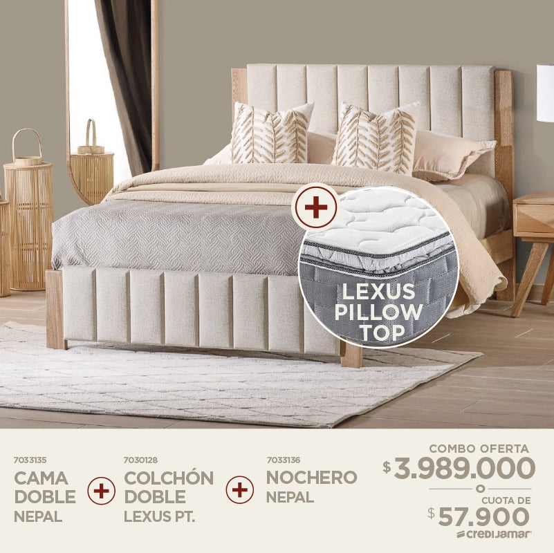 Cama doble Nepal + Colchón doble lexus + Nochero nepal por solo $3.989.000