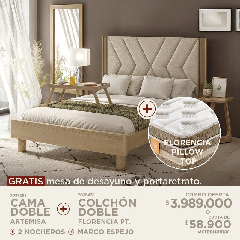 Cama doble Artemisa + Colchón doble Florencia + nocheros + espejo por solo $3.989.000