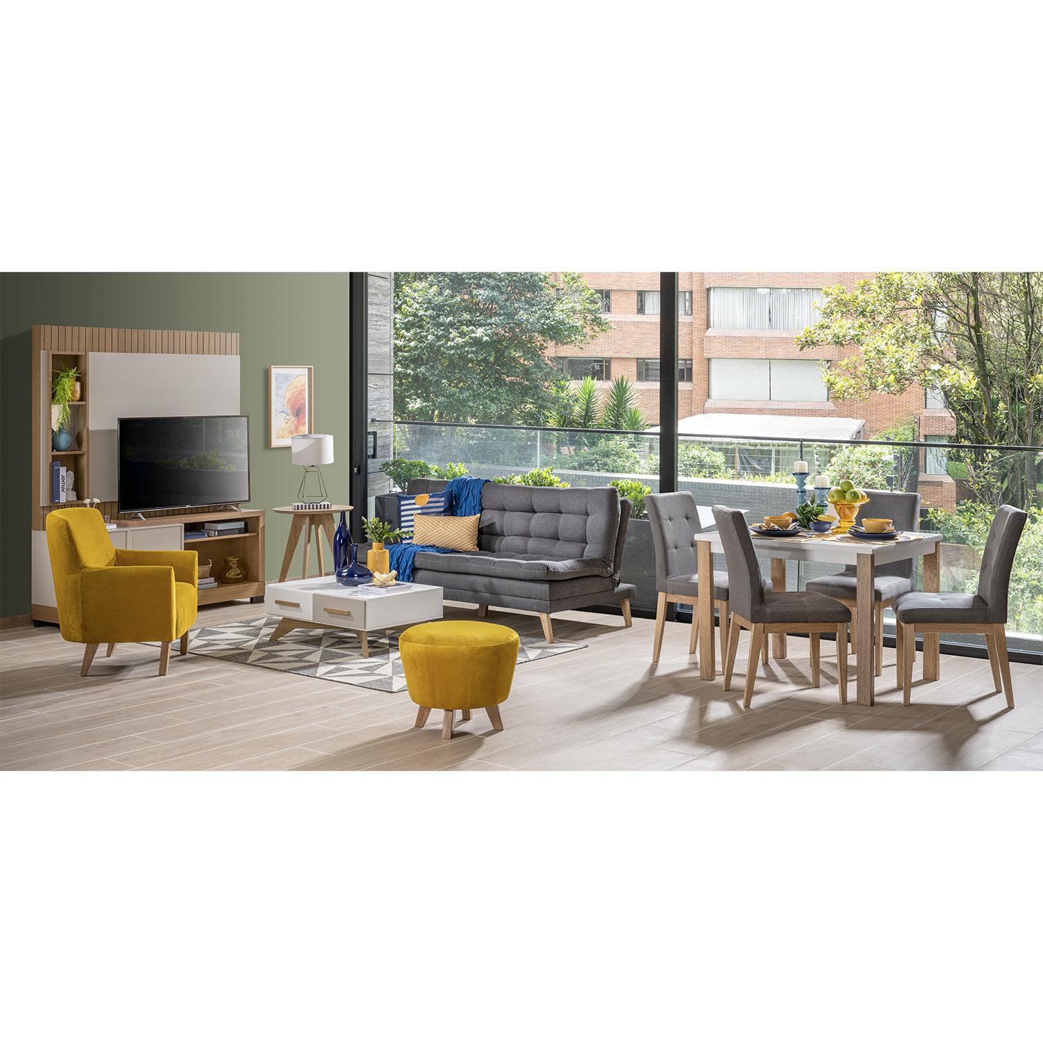 Comedor 4 Puestos Kepler Lino Hampton Gris Humo, Natural Poliuretano*
