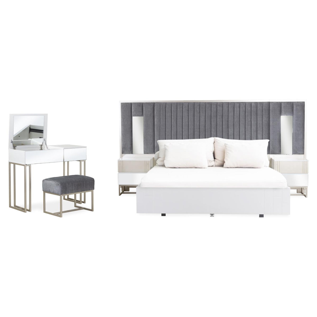 Cama Queen Nova Microfibra Gris, Champaña