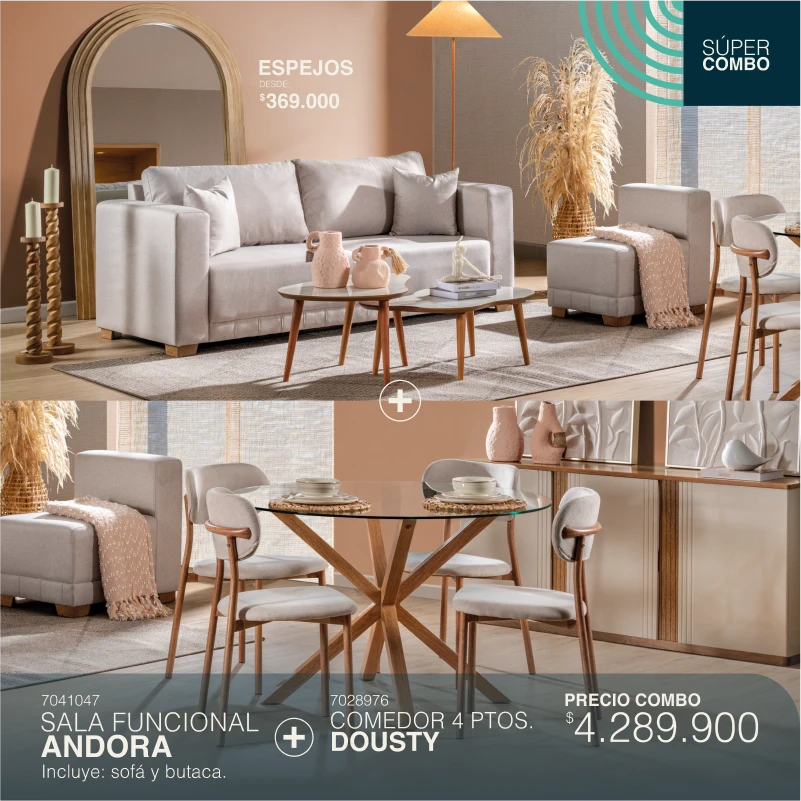 Sala funcional Andora + Comedor 4 puestos Dousty por $4.289.900