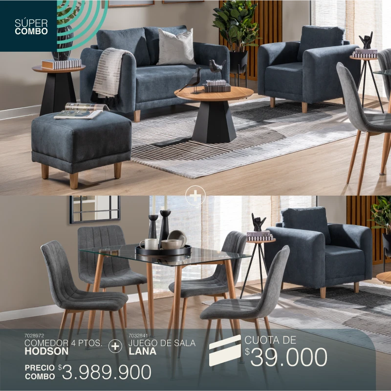 Comedor 4 puestos hodson +  Juego de sala Lana por cuotas de $39.000