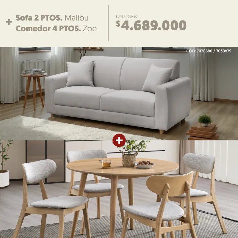 Sofá 2 puestos Malibu + Comedor 4 puestos Zoe por $4.689.000