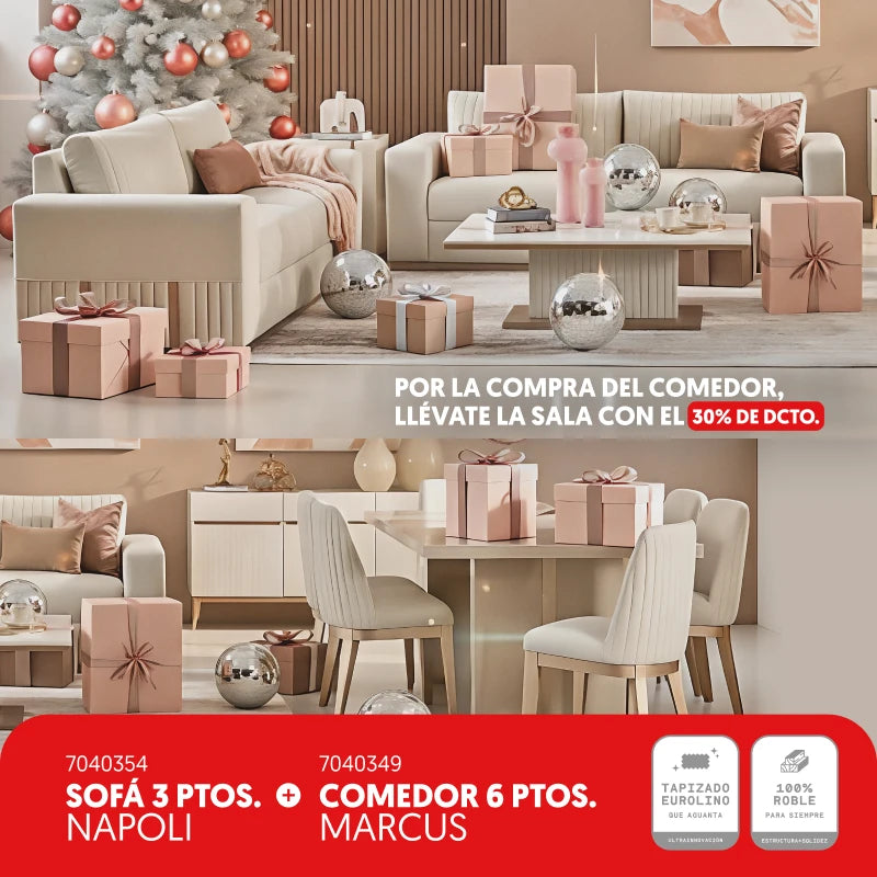 Sofá 3 puestos Napoli + Comedor 6 puestos Marcus
