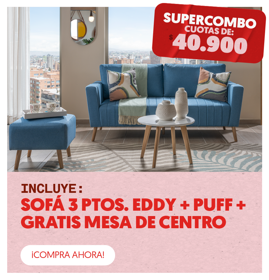 Súper Combo Sofá 3 puestos Eddy + Puff y gratis Mesa de Centro cuotas desde $40.900